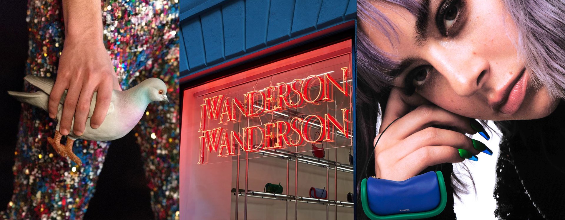 Ein Model in einer glitzernden Hose trägt eine Taubenförmige Tasche. Ein Schaufenster ist mit dem Markenlogo JW Anderson beleuchtet. Eine Frau mit lila Haaren trägt eine sehr kleine Tasche. 