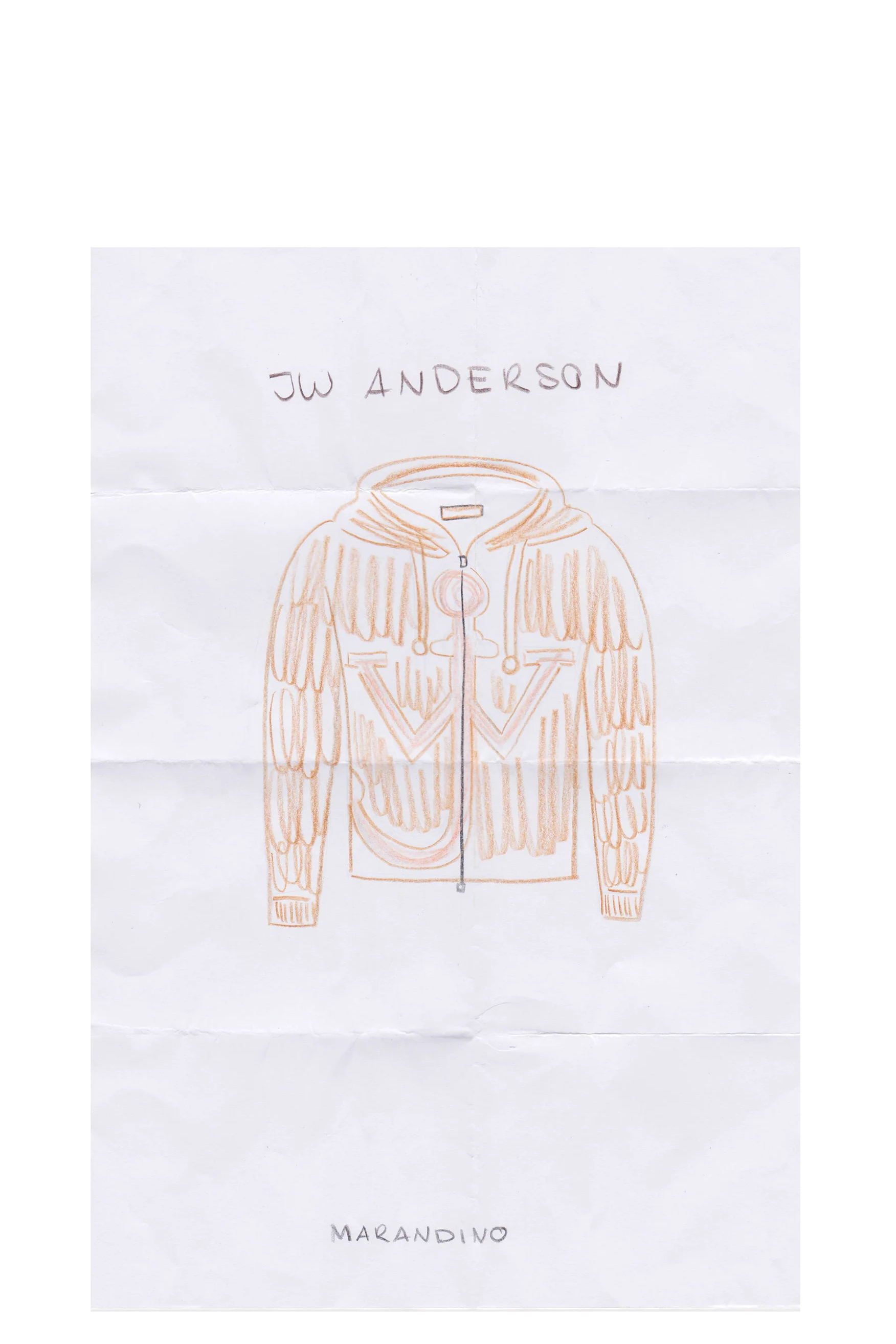 Eine Zeichnung einer Braunen JW Jacke auf einem Blatt Papier
