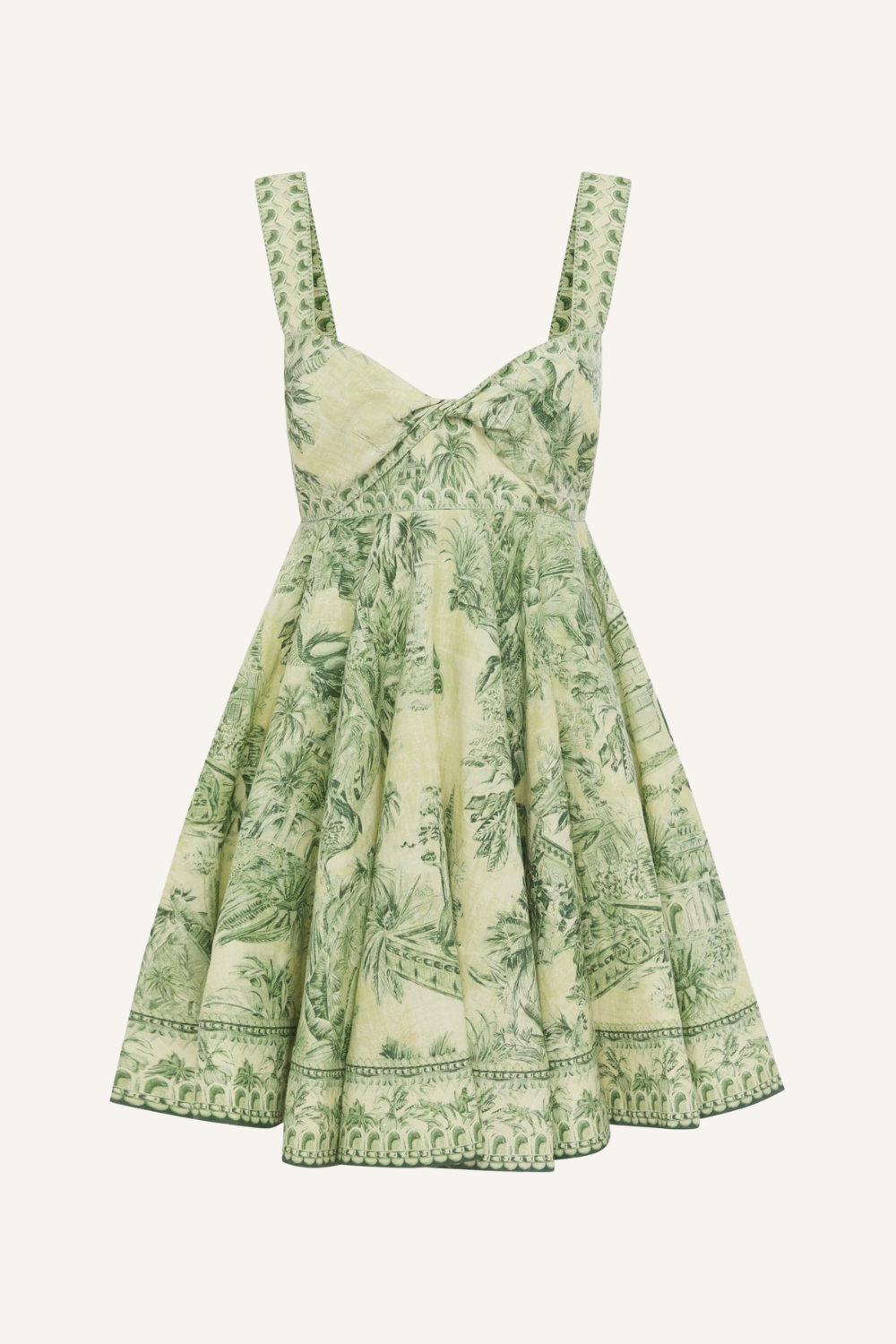 Leichtes, luftiges Kleid aus reinem Leinen mit ausgestellter Mini-Silhouette, gedrehtem Detail im Vorderteil, Smok-Detail im Rückenteil, verdecktem Reißverschluss hinten und Eingrifftaschen in der Seitennaht mit grünem Pflanzenmuster