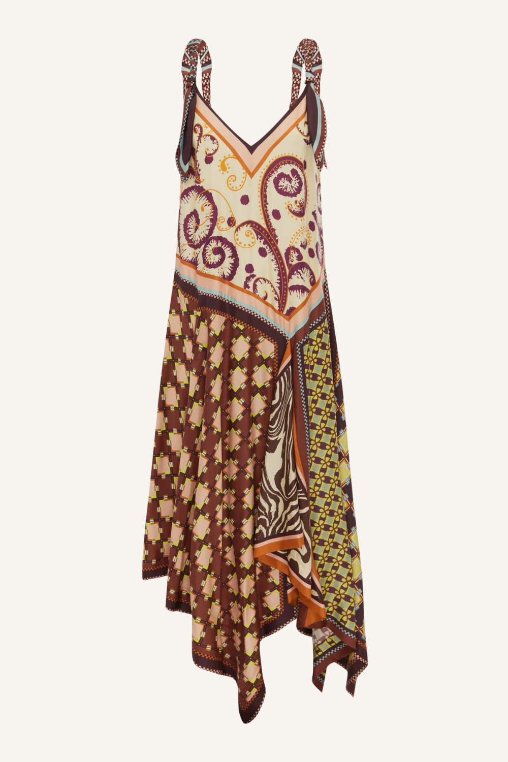 Fließende Midi-Kleid-Silhouette mit Scarf-inspiriertem Muster, Twist-Detail an den Trägern zum Binden, femininer V-Ausschnitt und asymmetrischem, tiefem Taillenverlauf aus leicht fallendem Seidentwill