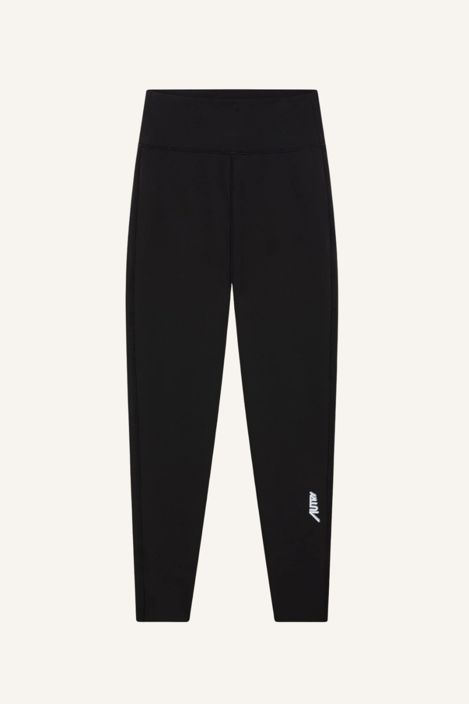 Schwarze Leggings mit hohem Bund und kleinem weißen Logo am linken Bein aus technischem, elastischem Gewebe
