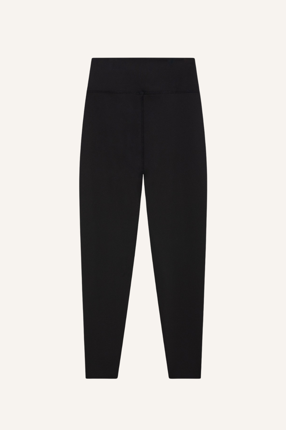 Schwarze Leggings mit hohem Bund und kleinem weißen Logo am linken Bein aus technischem, elastischem Gewebe