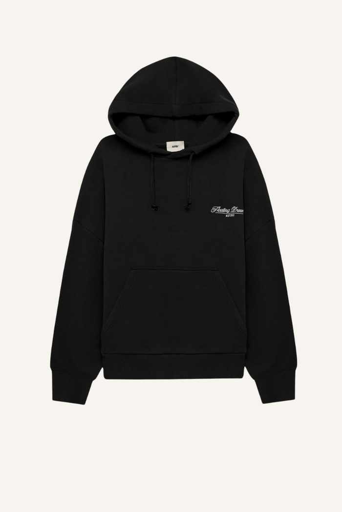 Schwarzer Hoodie aus ungebürstetem Sweatshirtstoff mit Kapuze, Kordelzug mit Metallösen, gerippten Bündchen und Saum sowie "Floating Dreams" Stickerei auf der Brust in Ton-in-Ton Optik