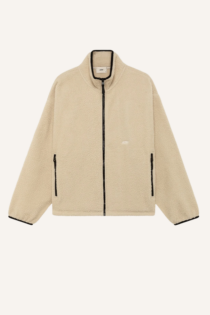 Oversize Teddy-Jacke aus 100% Polyester mit durchgehendem Reißverschluss, Logo-Zipper, Logo-Stickerei und schwarzen Kontrastdetails