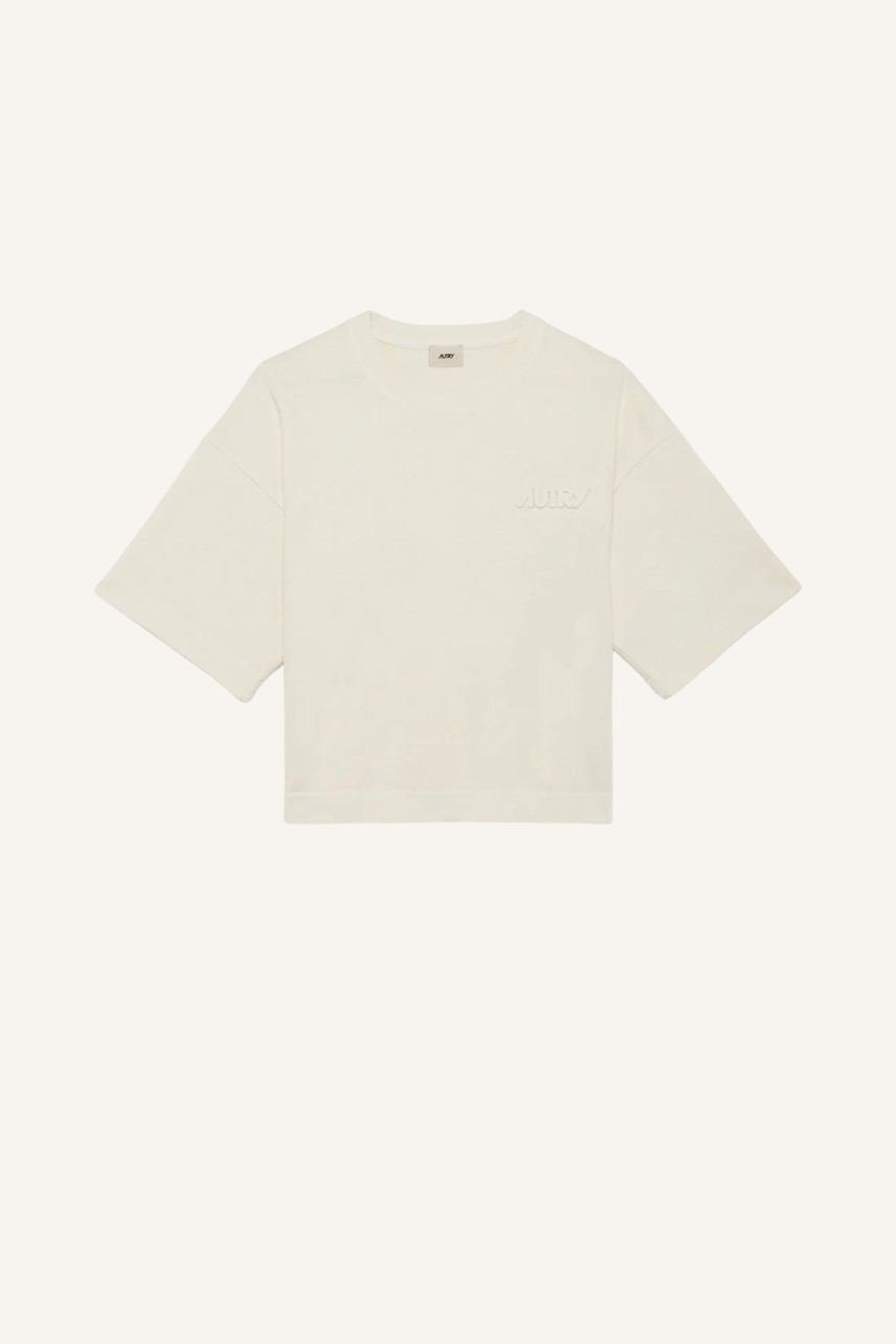 Rundhals-Sweatshirt aus reiner Baumwolle mit Rippstrick am Kragen, Doppelnähten und aufgenähtem Autry-Logo-Patch auf der Brust in hellblauer Farbe
