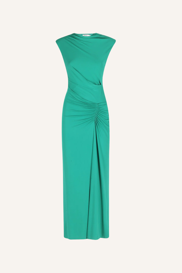 Ärmelloses, bodenlanges Kleid mit hohem Ausschnitt und geraffter Silhouette in Babyblau