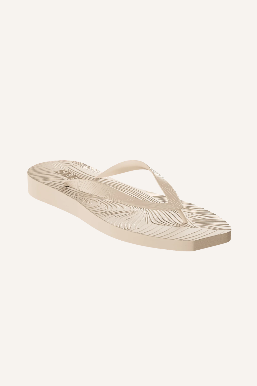 Beige Flip-Flop mit gewölbter Plateausohle aus Naturkautschuk und Riemen, Fußbett mit Blattmuster bedruckt