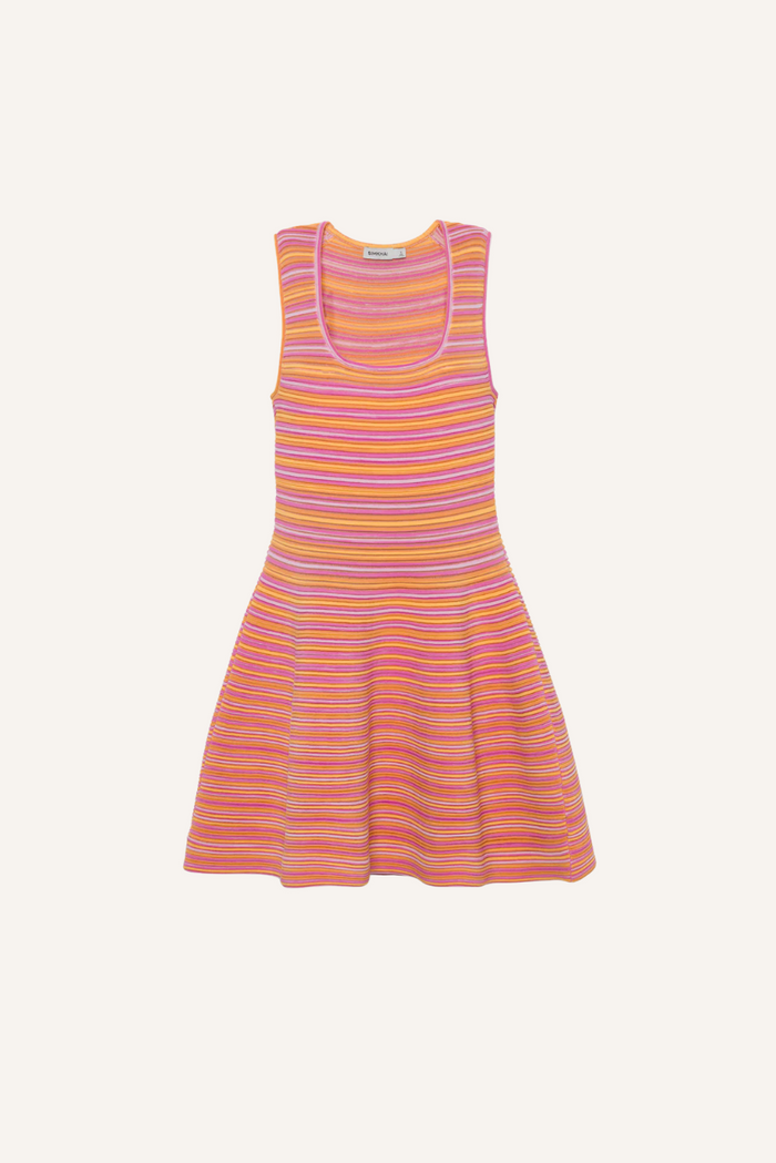 Ärmelloses Kleid mit ausgestellter Silhouette und strukturierten, voluminösen Plisseefalten in mehrfarbigen horizontalen Streifen