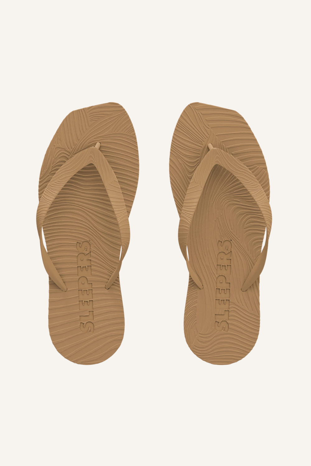 Beige Flip-Flop mit gewölbter Plateausohle und Riemen aus Naturkautschuk mit Muster auf der Sohle