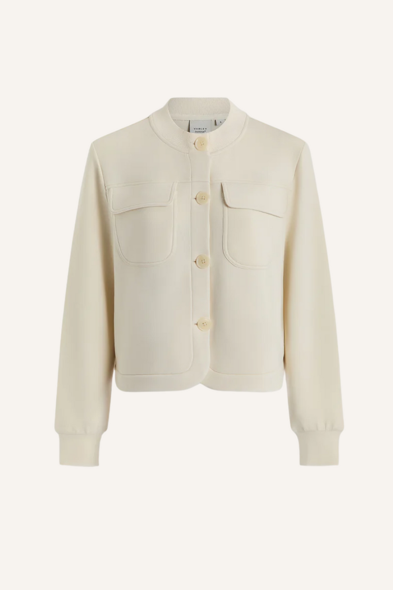 Hellbeige Sweatshirt mit durchgehender Rippstruktur, zwei Brusttaschen mit Klappen, Knopfleiste und regulärer Passform