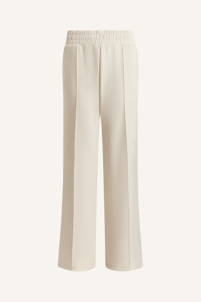 Weit geschnittene, hellblaue Hose mit hohem Bund, elastischem Bund mit innenliegendem Kordelzug und eleganten Tuck-Details