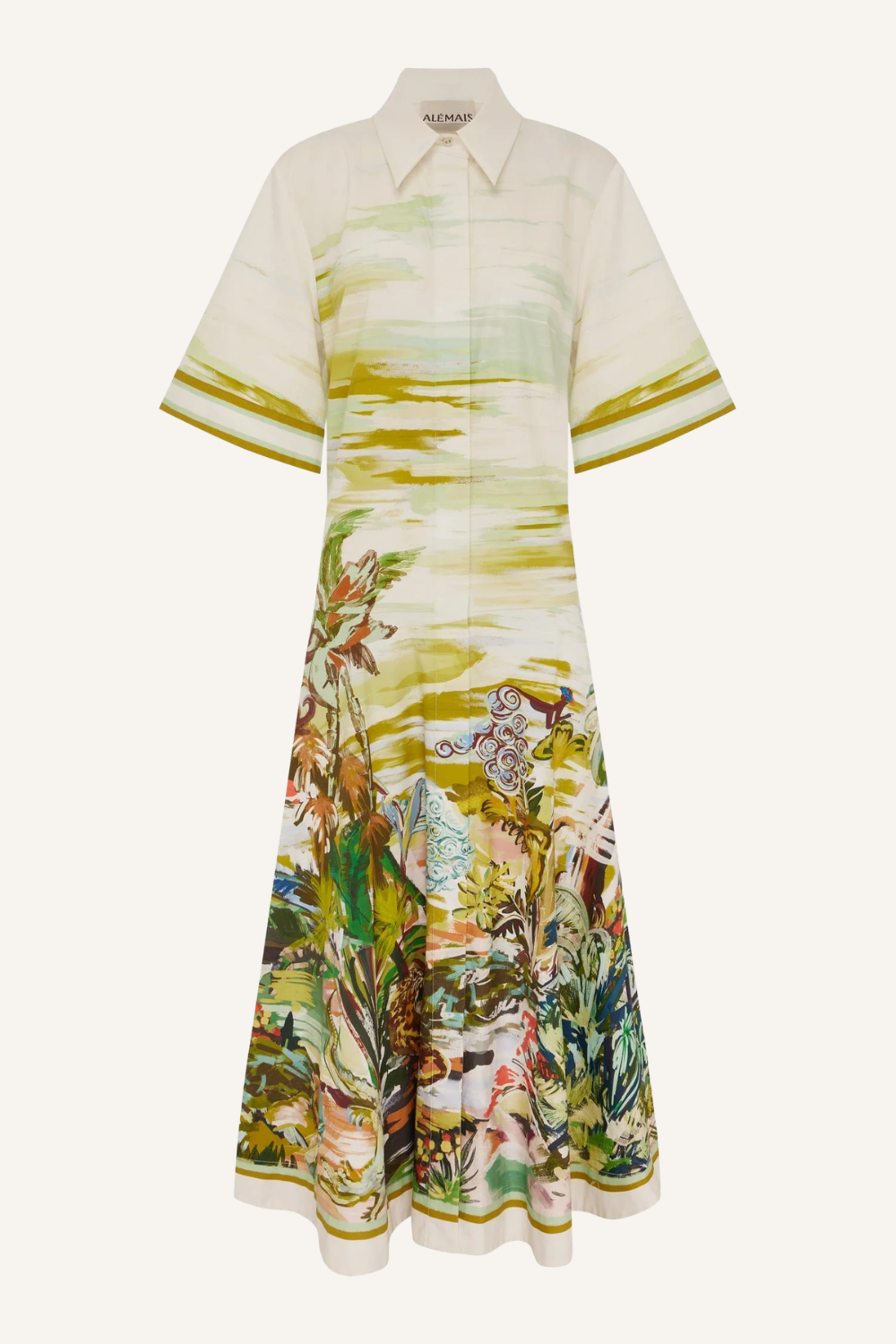 Kleid mit klassischem Stegkragen, verdeckter Knopfleiste mit stoffbezogenen Knöpfen, ellbogenlangen Ärmeln, Inseam-Taschen und Gürtel aus Oberstoff, mit abstraktem, mehrfarbigem Muster
