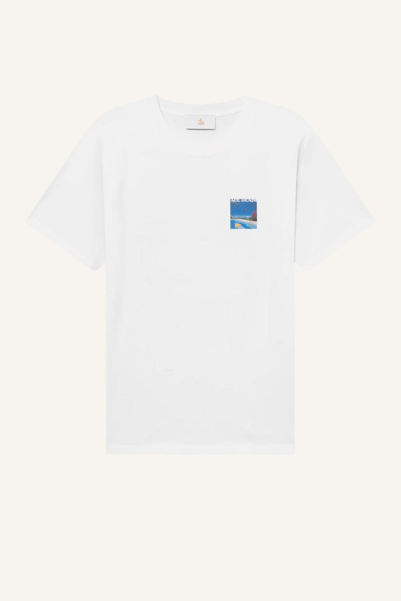 Weißes T-Shirt aus Premium-Baumwolljersey mit kleinem Pool-Print auf der Brust