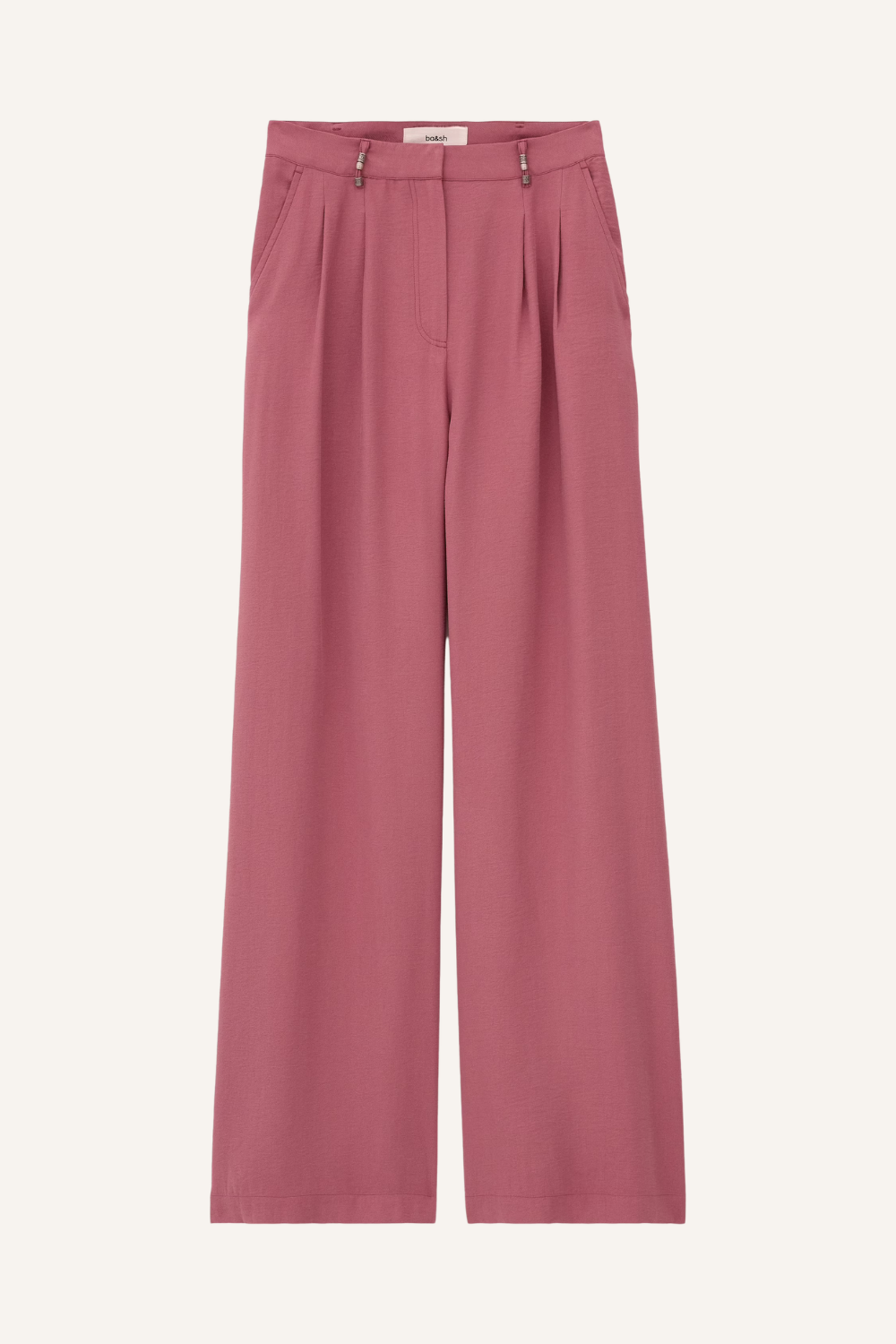 Weit geschnittene Hose mit Falten vorne, Schlaufen mit gehämmerten Perlen, Paspeltaschen hinten und rosafarbenem Material aus Modal-Polyester-Mischung