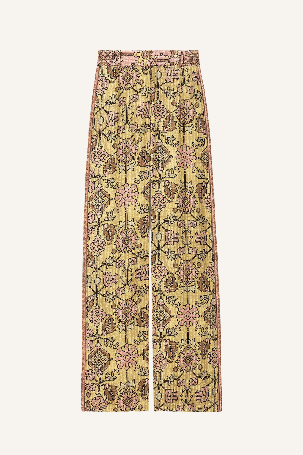 Weite Hose mit gemischtem Print, Hosenschlitz mit Reißverschluss, Metallhaken innen und Gürtelschlaufen