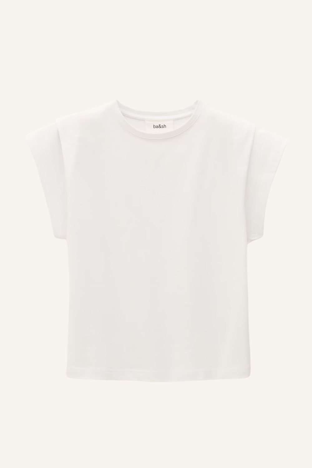 Schlichtes weißes T-Shirt mit kurzem Ärmel und Rundhalsausschnitt, mit dem Label 'ba&sh' im Nackenbereich