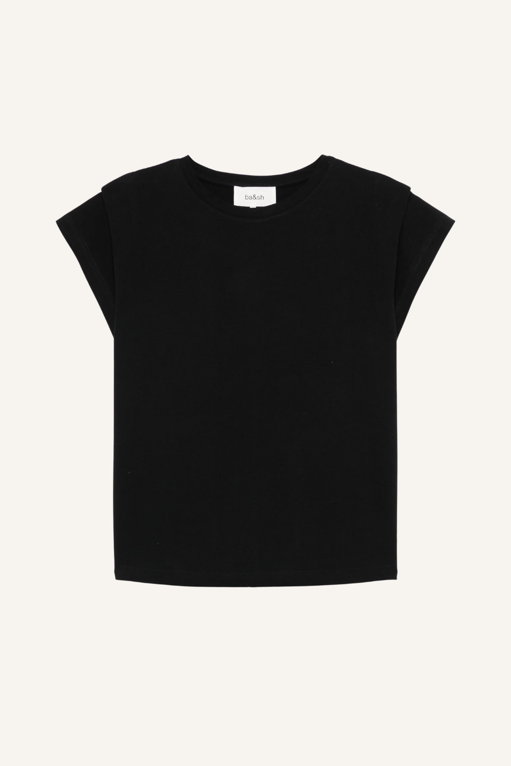 Schlichtes schwarzes T-Shirt mit kurzem Ärmel und Rundhalsausschnitt, mit dem Label 'ba&sh' im Nackenbereich