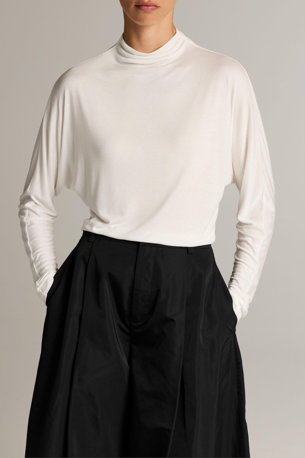 Longsleeve Draped Funnel-Neck in Ivory