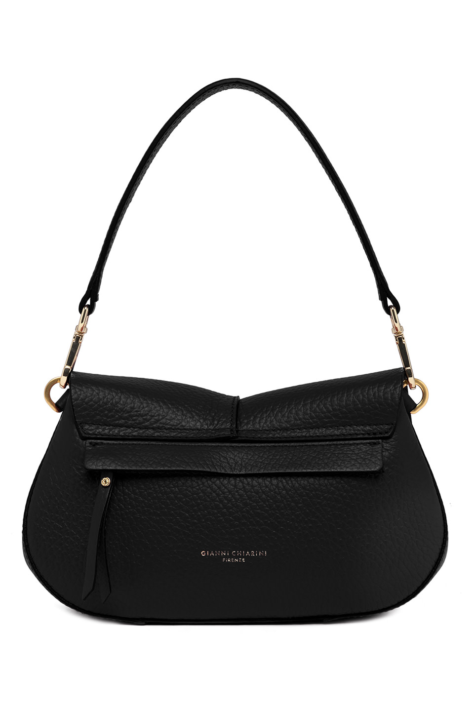Schwarze, längliche Tasche mit Außentasche mit Reißverschluss von hinten. Die Tasche ist von Gianni Chiarini und wurde aus genarbtem Leder gefertigt.