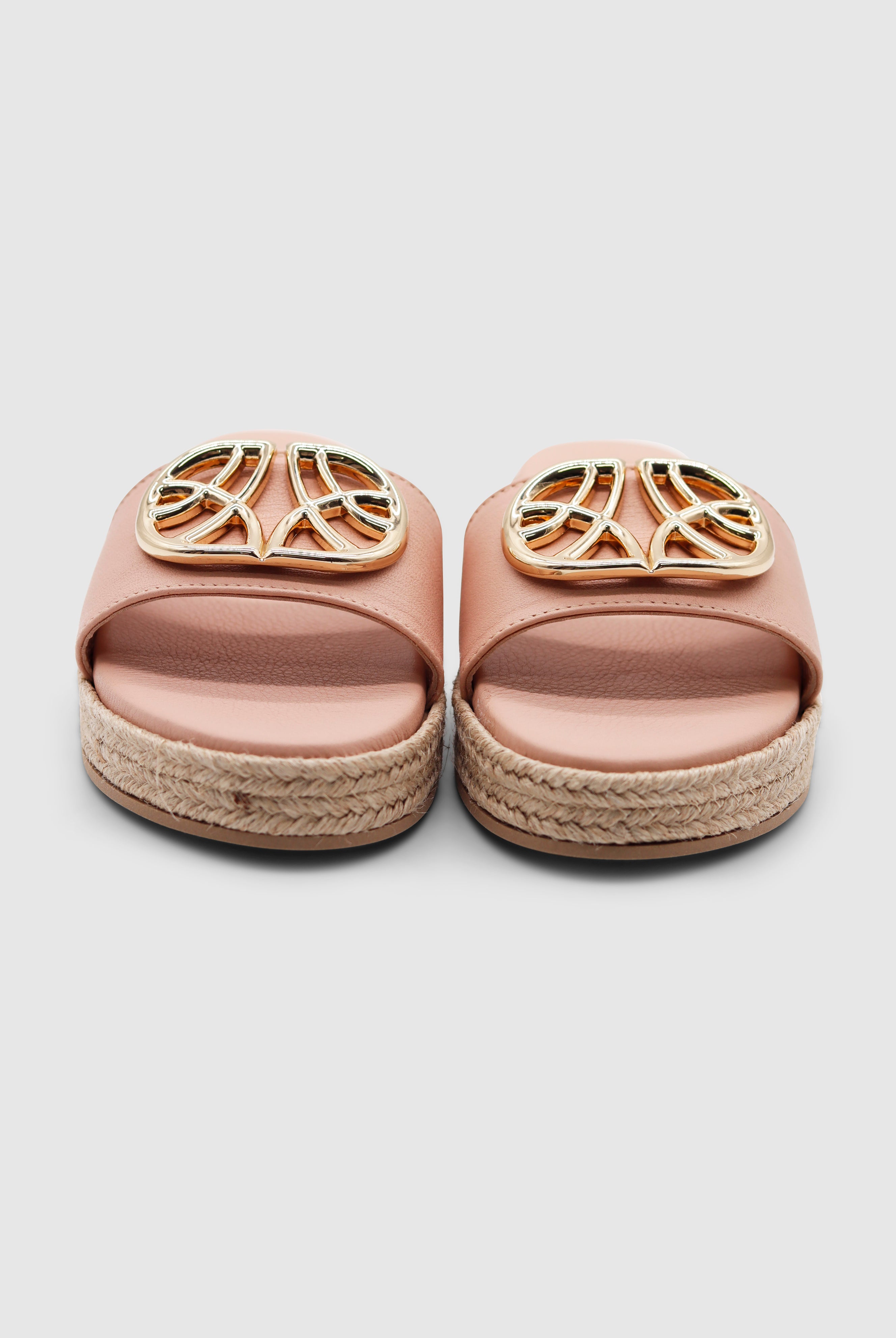 Ein Paar rosa Sandalen mit einer goldenen Schnalle von vorne
