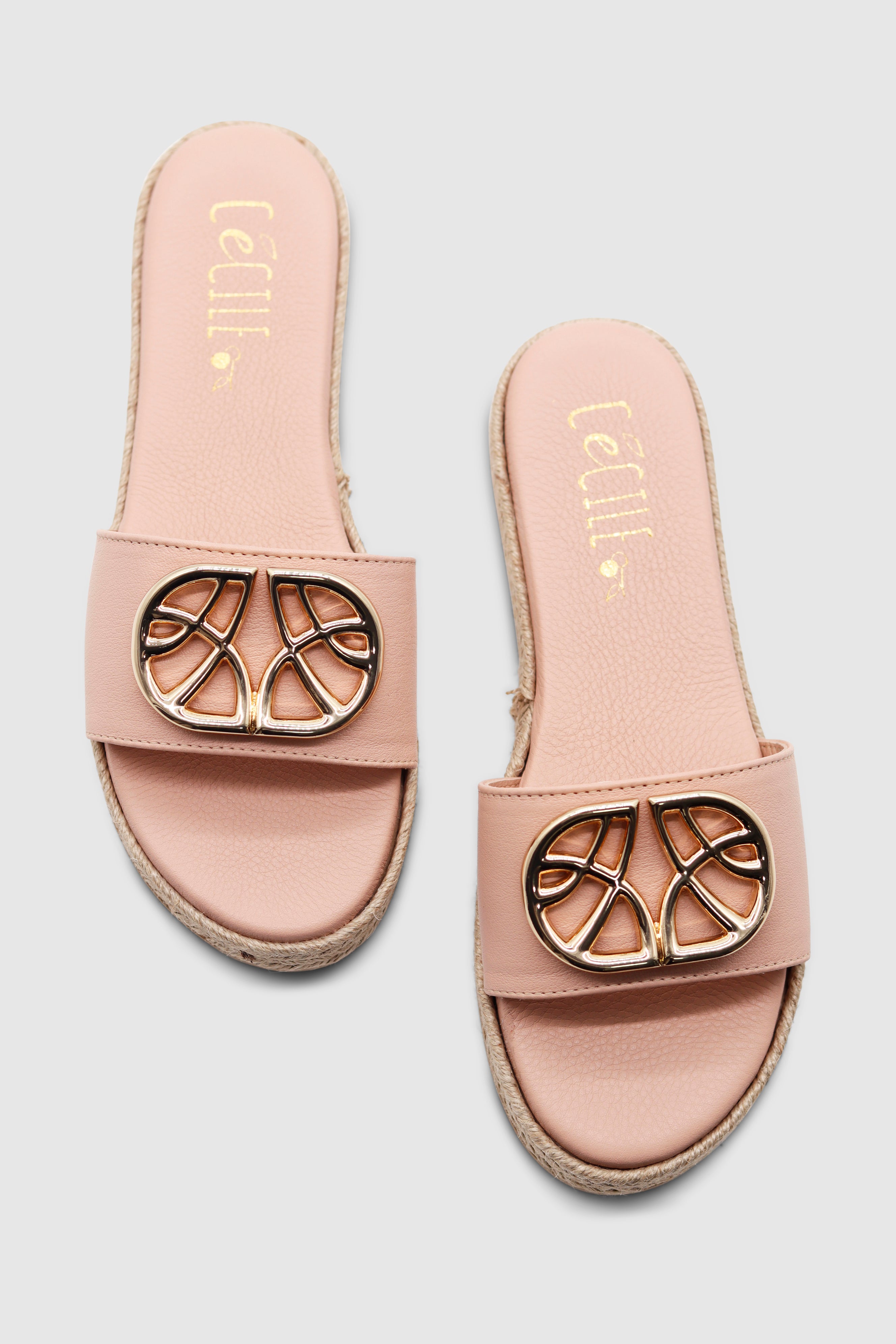 Ein Paar rosa Sandalen mit einer goldenen Schnalle von oben